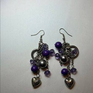 Purple and Silver Heart Charm Earrings